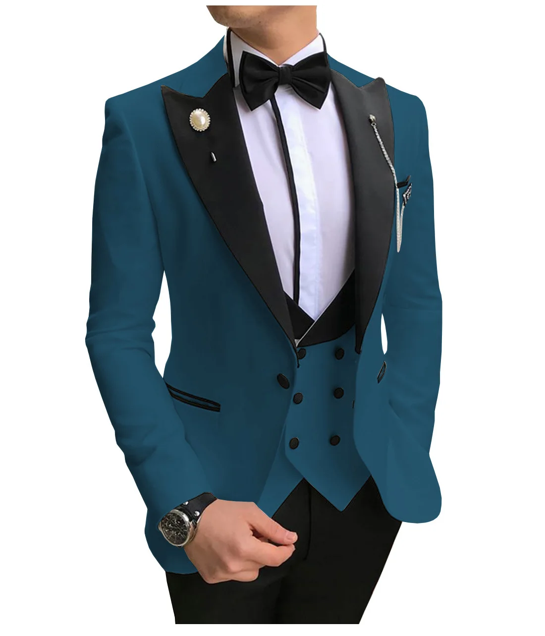 teal blue Мужские костюмы из 3 предметов, приталенные деловые костюмы, смокинги для жениха, цвета шампанского, благородные, серые, белые, для официальных свадеб, костюм(Блейзер+ брюки+ жилет - Цвет: teal blue