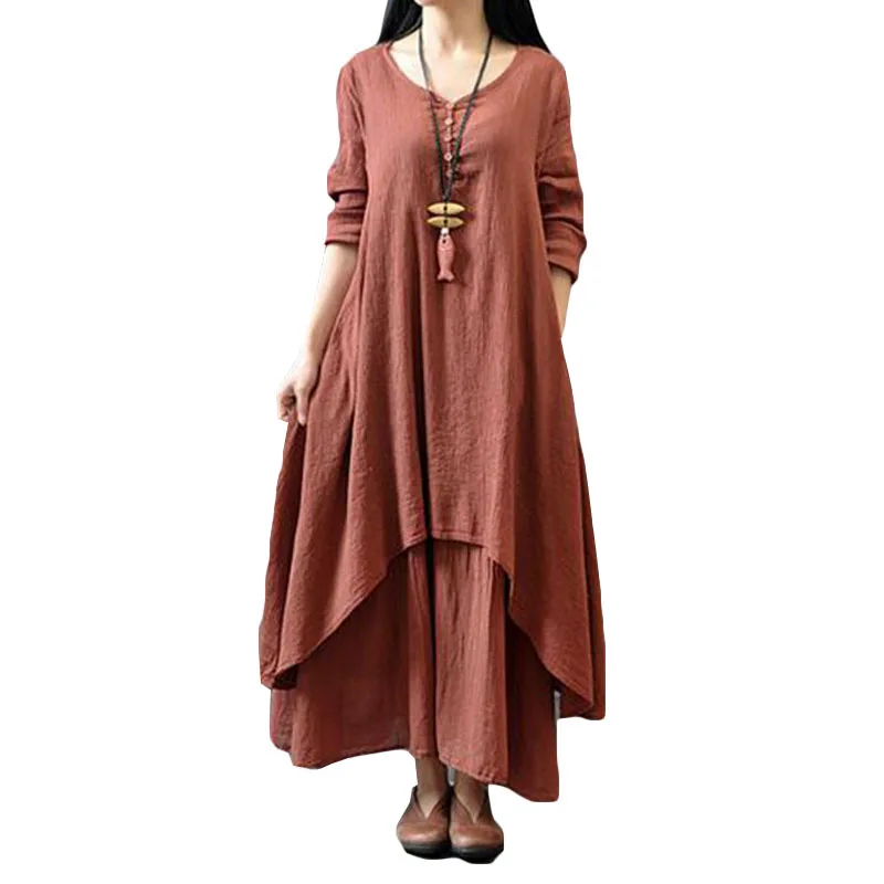 Новинка 2017 весенне-осеннее винтажное платье-макси из хлопка и льна женское