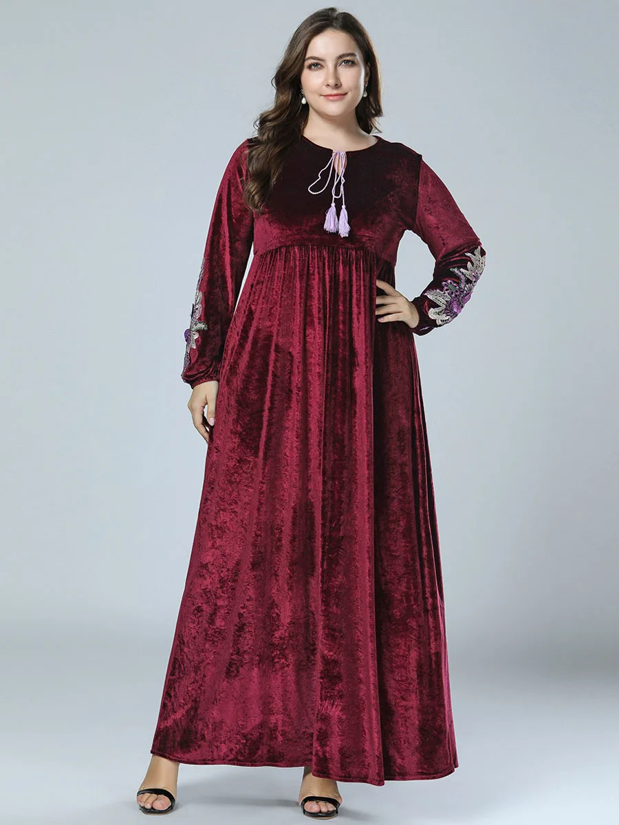 Женский красный бархат abaya Макси мусульманское платье длинный Восточный халат