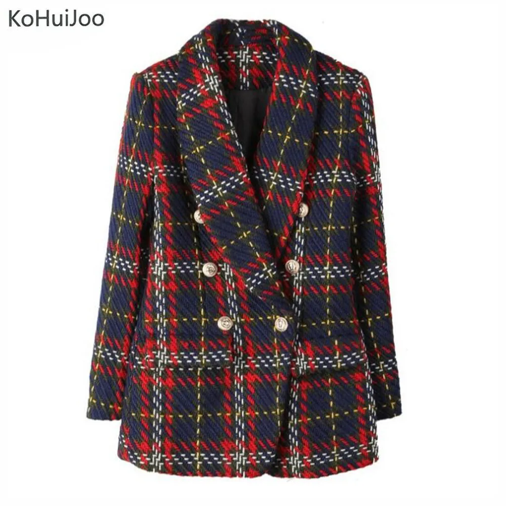 Женский твидовый Блейзер KoHuiJoo тонкий двубортный блейзер с золотыми пуговицами и