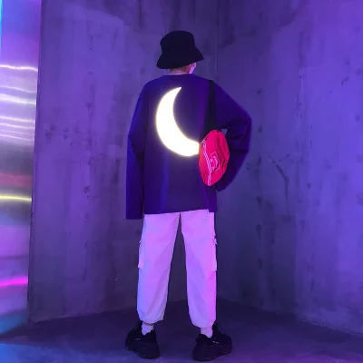 Harajuku Для женщин 3м Reflective лунный свет принт, модная футболка с круглым вырезом и длинными рукавами, в стиле «хип-хоп»; зеленый; фиолетовый; Повседневная футболка футболки гриппов Размеры - Цвет: Фиолетовый