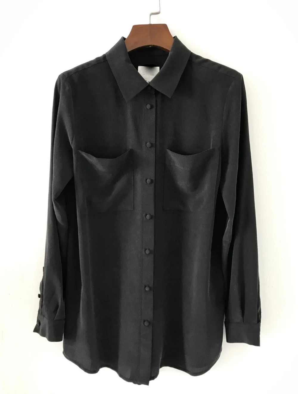 

Women Silk Blouse Long Sleeve Double Pockets Turn Down Collar Soft Elegant Shirt Top French Chemise Femme