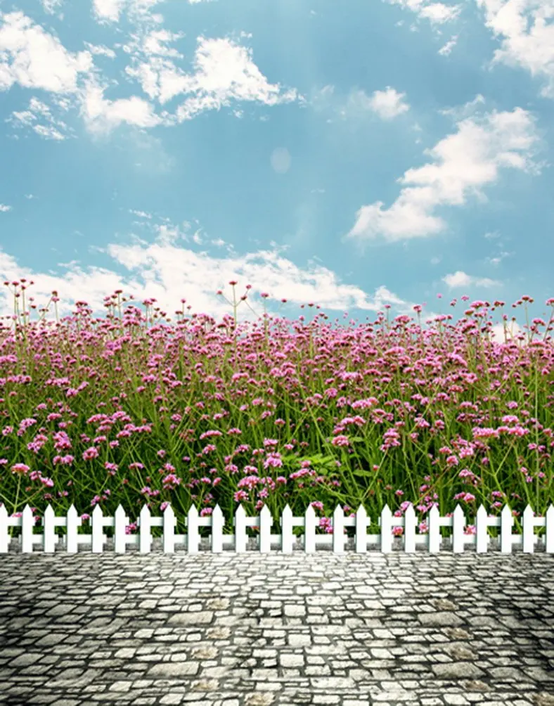 

5x7ft Stone Floor Purple Flowers Fence Photography Backdrops Photo Props Studio Background