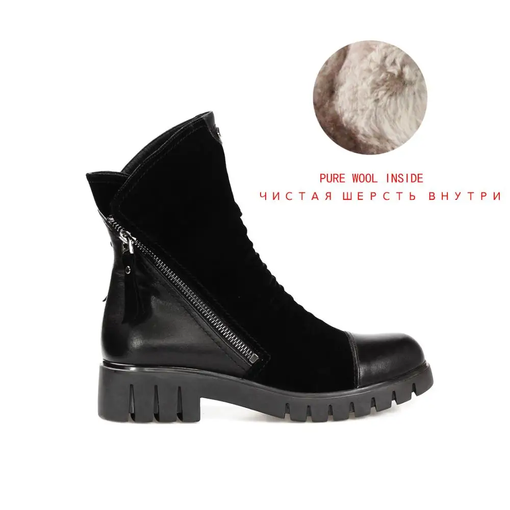 black-wool BALLEI/Роскошные плиссированные женские ботильоны из высококачественной натуральной кожи; черные мягкие полусапожки на низком каблуке с круглым носком; теплые ботинки; B14 - Цвет: black-wool