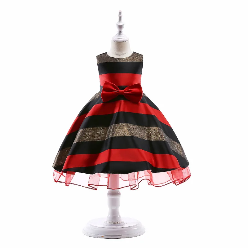 Girl lace bow ball gown dresses children's performance clothing sleeveless striped baby kids party wedding formal dress | Детская