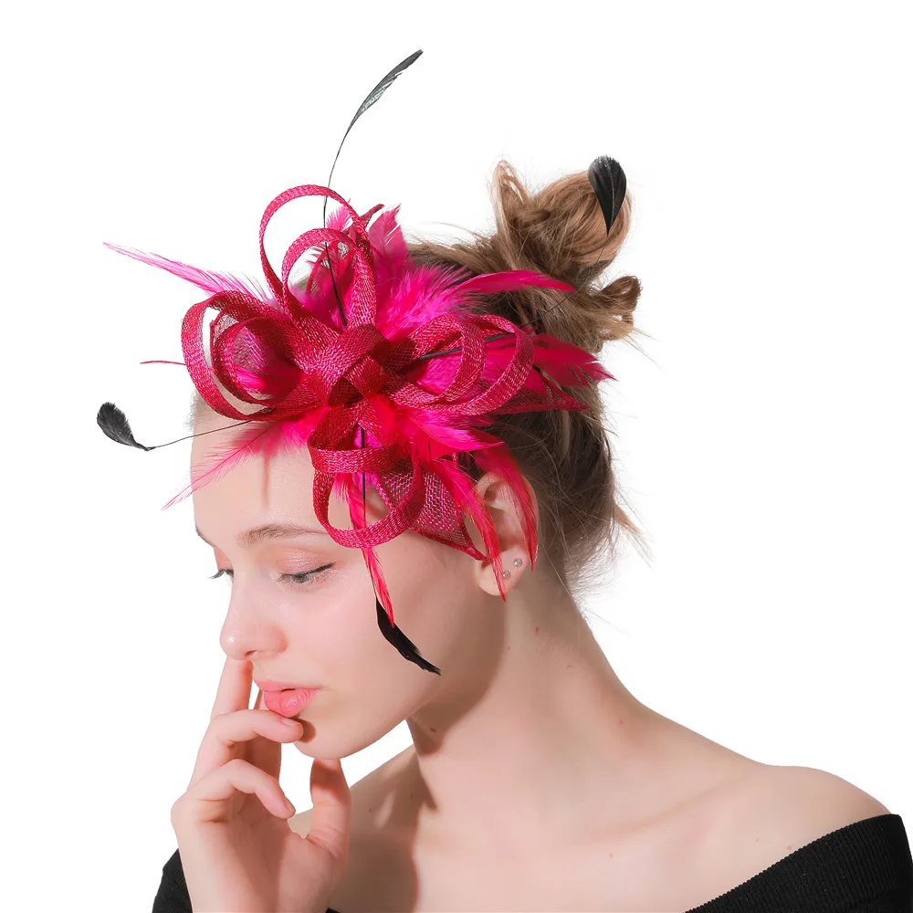 Magneta Colors Fashion Headwear Hair clips Elegant Cocktail Fascinator Female Women Accessories Hairpin With Fancy Feathers |