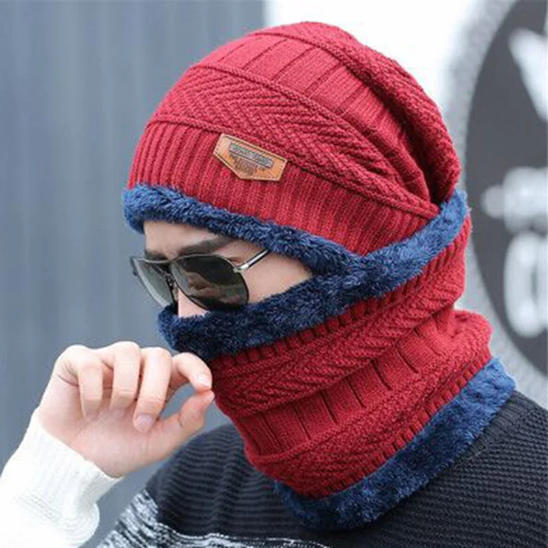 RUHAO Skullies Beanies 2pcs ski cap scarf cold warm leather winter hat for women men Knitted hat Bonnet Warm Cap