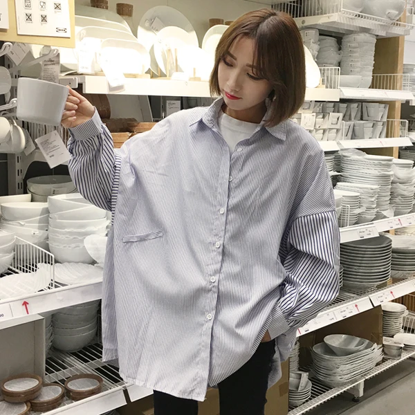 Весна Корейский негабаритных синий летучая мышь рубашки с длинным рукавом для