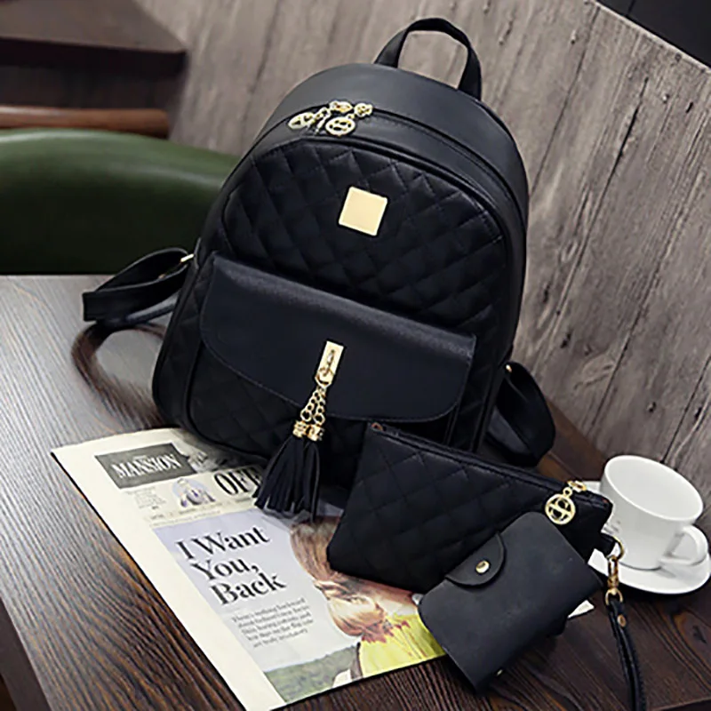 Women Small Vintage Backpack Women's Bag Set Waterproof Retro Bear Pendant Bags Set Of 3 Female Luxury Cute Leather Backpacks - Цвет: NHS without pendant