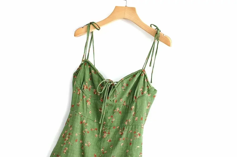Bazaleas, зеленое летнее платье с цветочным принтом, Vestido, сексуальное винтажное мини-платье с завязками на груди, женское платье на бретельках, Прямая поставка