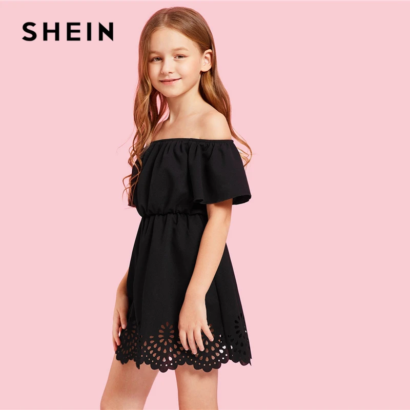 SHEIN/однотонное платье в стиле бохо с открытыми плечами и вырезами, детская одежда, коллекция года, летние платья трапециевидной формы с короткими рукавами и фигурным узором для девочек