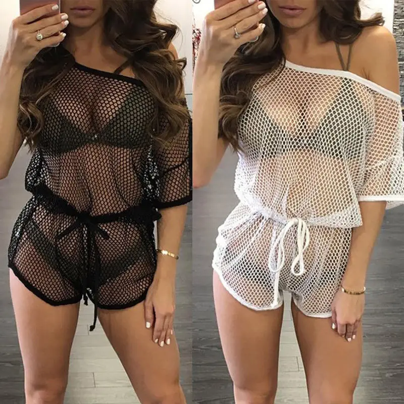 

New Sexy Women's Swimwear Hollow Out Mesh See Through Plaid Clubwear Beach Wear Kaftan Ladies Summer Playsuits
