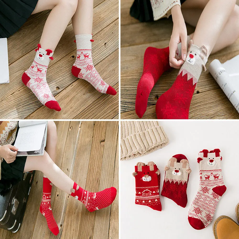 Christmas Socks Comfortable Xmas Deer Women Winter Warm Cotton Soft Breathable Ankle-High New Hot | Женская одежда