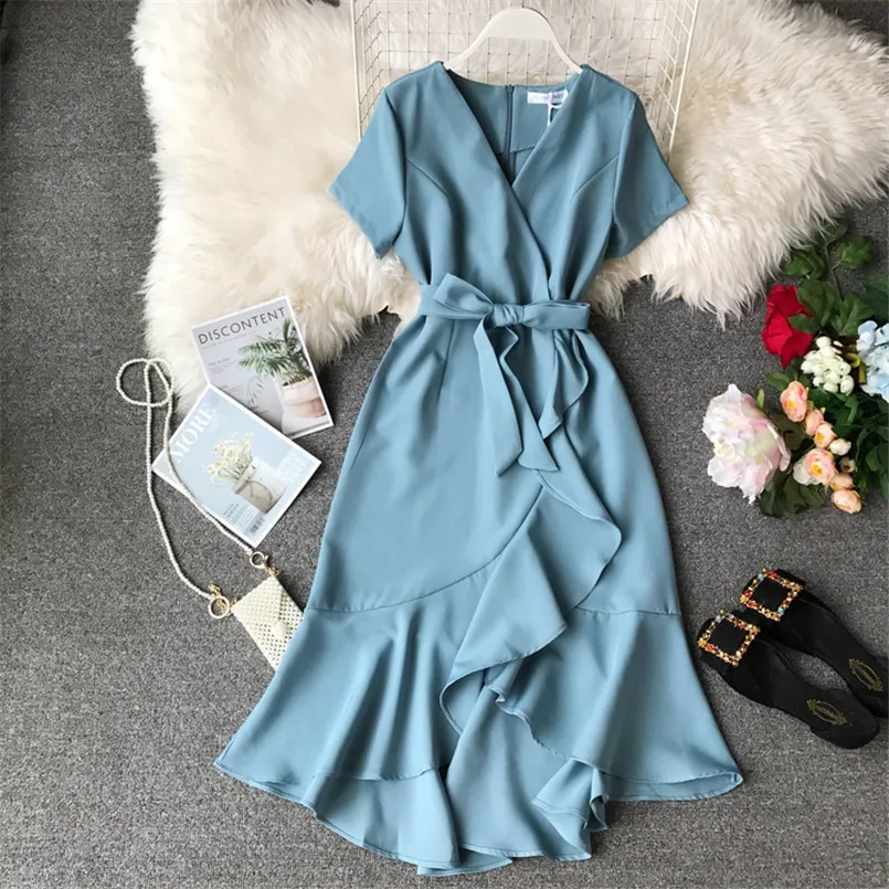 

Slim 2022 Asymmetrical Sexy V Neck Summer Midi Long Dress Party Women Bandage Irregular Casual Ruffles Elegant beach Vestidos