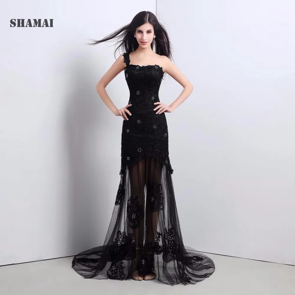 Элегантное романтическое черное платье SHAMAI длинное официальное на одно плечо