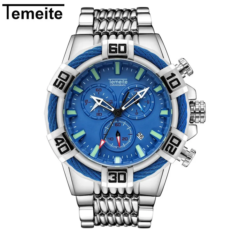 silver blue TEMEITE Брендовые мужские наручные часы с большим циферблатом многофункциональные Мужские часы военные спортивные водонепроницаемые кварцевые Стальные Креативные мужские часы - Цвет: silver blue