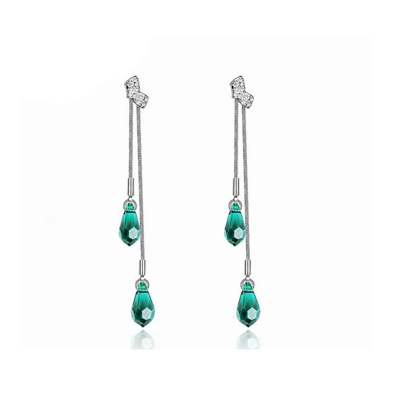 E098 Deep Green Элегантные висячие серьги в форме капли воды с кристаллами для женщин, классические длинные серьги с кисточками, романтические Стразы с бантом, свадебные ювелирные изделия - Окраска металла: E098 Deep Green