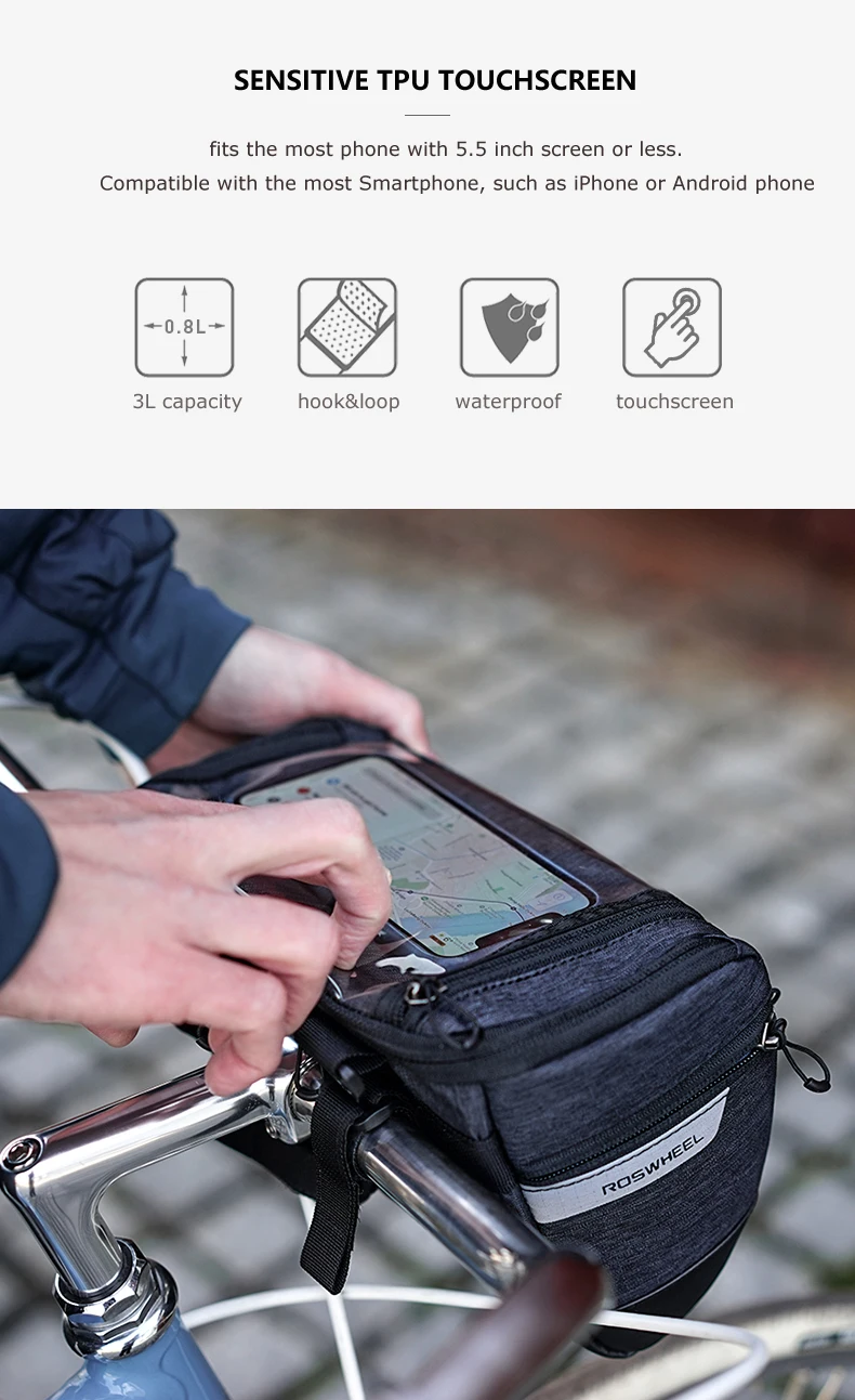 Roswheel, сумка на руль велосипеда, горный велосипед, дорожный Велоспорт, водонепроницаемый, сенсорный экран, держатель для мобильного телефона, сумка, Аксессуары для велосипеда