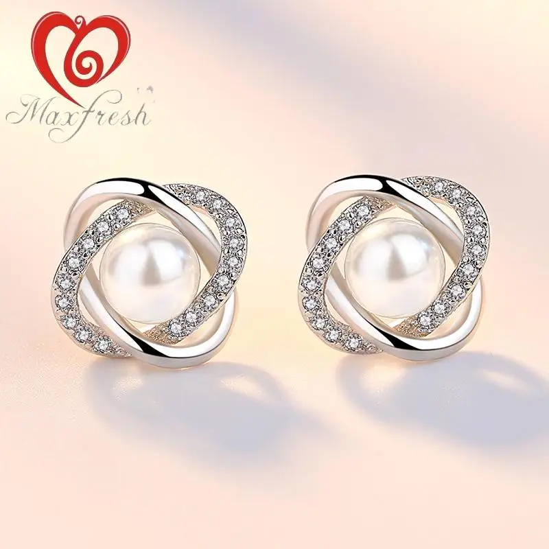 Maxfresh модные мяч кубический цирконий жемчуг 925 серебряные серьги для
