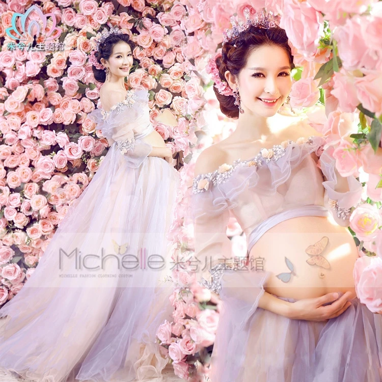 Maternity Photography Props Long Lace Colorful Flower Magic Fairy Romantic Cute Dress Pregnant Fancy Photo Shoot Baby shower