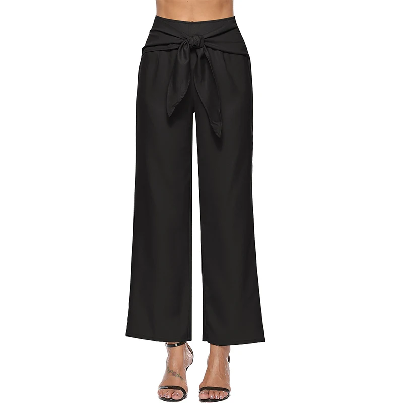

Nice Vogue New vogues Wide Leg Pants For Women Casual Loose Bow Tie Long Pants Elegant Ladies Bottom Black Trousers Mujer