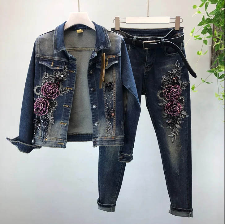 

2020 Autumn Winter Woman Long Sleeve Denim Jackets Embroidered Coat + Dark Blue Retro Jeans Two Piece Slim Pencel Pants Set