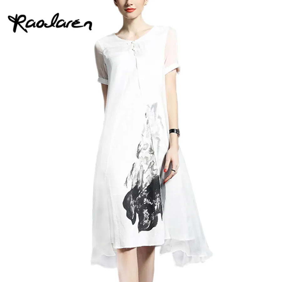 Raodaren женщин длинное платье 2017 лето-осень белый черный чернилами Ретро Изделие из