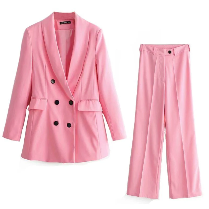 Pink Blazer 2020 Office Lady Suit Set Double Breasted Long Jacket High Waist Straight Pants | Женская одежда