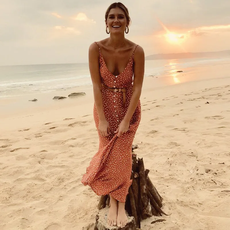 Пикантные Спагетти ремень Макси женское платье с v-образным вырезом оборками