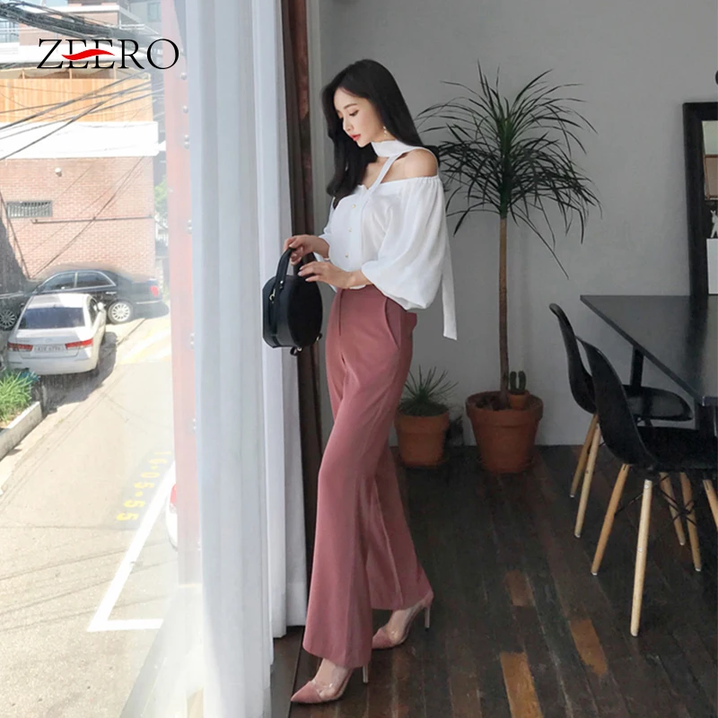 Spring Office Ladies 2 Pieces Set Lantern Sleeve White Blouse + Full Flare Pant Female Suits Elegant Wear to Work Women | Женская одежда