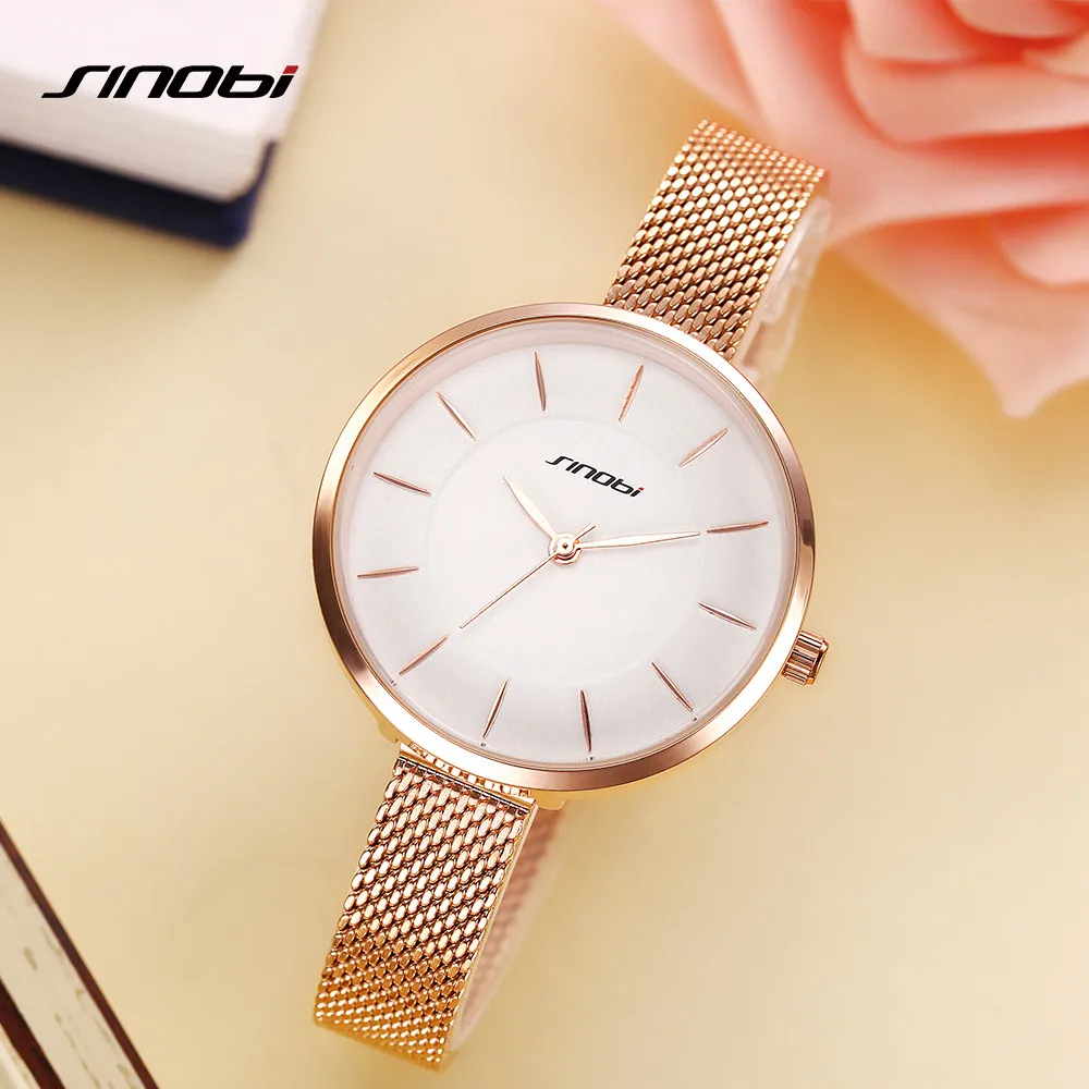 SINOBI Brand Luxury 2018 New Fashion Causal Women Watches Steel Mesh Band Rose Gold Watch Quartz Waterproof Ladies Wristwatch |