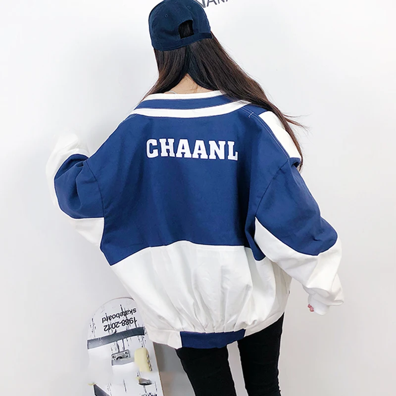 

Long Sleeve Loose Spring women bomber jackets Patchwork Vintage Hip Hop Coat Autumn Windbreaker Jacket BF Harajuku Coat Women