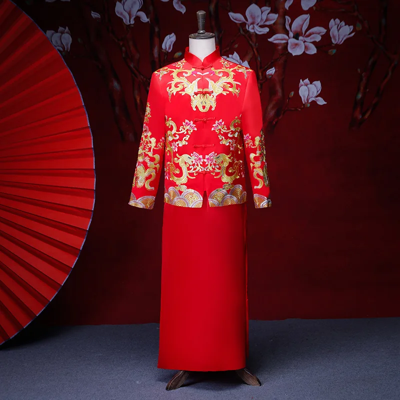 Мужской красный cheongsam тост костюмы жениха платье куртка длинное Традиционный