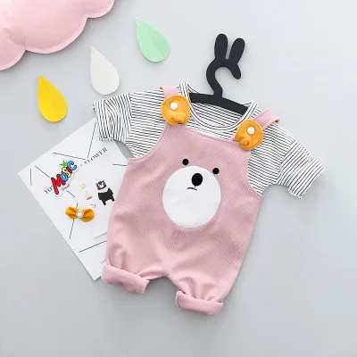 Boys and girls spring new cartoon bear bib suit 0-3 years old baby striped | Детская одежда и обувь