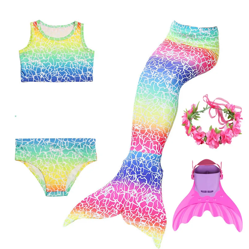 

5PCS Girls Mermaid Tail Swimsuit Bikinis Set with Monofin Kids Mermaid Tails Swimwear Cosplay Costumes Beach Swimming Clothes