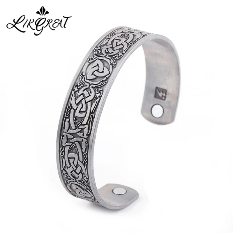 

LIKGREAT Vintage Viking Trinity Irish Celtics Knot Dragon Claw Engraved Bangle Wicca Men Magnetic Cuff Bracelet Adjustable