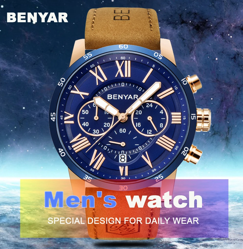 BENYAR модные спортивные мужские часы с хронографом, Топ бренд, Роскошные водонепроницаемые военные кварцевые часы, часы Relogio Masculino