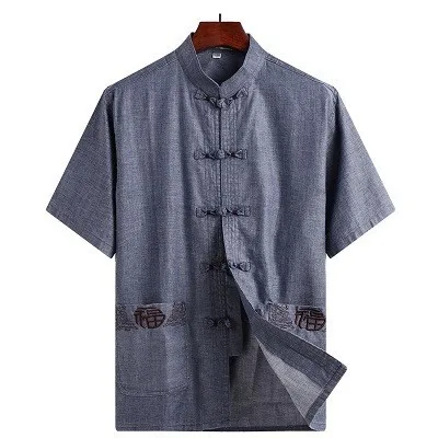 8709 Dark gray Sheng Coco традиционная китайская мужская рубашка льняные рубашки китайский стиль Мужская с коротким рукавом Китайская традиционная одежда для пожилых 4XL - Цвет: 8709 Dark gray