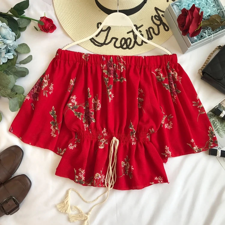 

Korean Fashion Blouse 2019 Summer Elegant Floral Printed Short Chiffon Blouses And Tops Sexy Off Shoulder Top