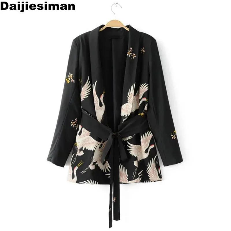 Новинка 2017 блейзеры кимоно с цветочным рисунком кран черный пояс костюм тонкая