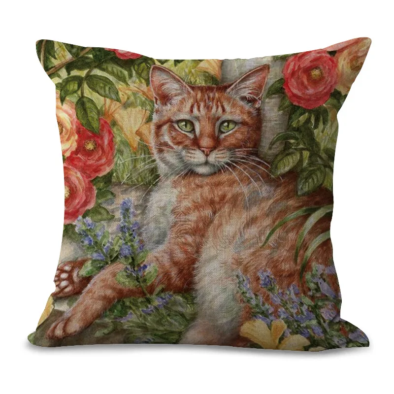 Декоративная Подушка Чехол с изображением цветов и котика живопись 17 5 дюймов