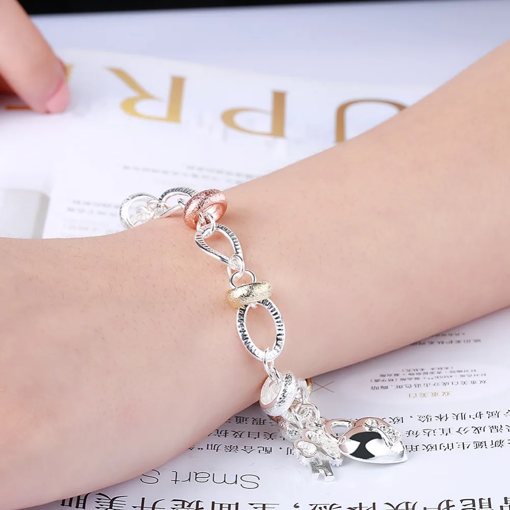 EPICFEAT Silver Plated Key and Lock Pendants Bracelets Girls Charm Bangles Women Fashion Jewelry H233 | Украшения и аксессуары