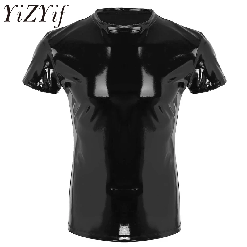 

Sexy Men's PVC Leather Wet Look T-shirt Vest Stretch Undershirt latex Clubwear Stage Costume Muscle Tight T-Shirt Top