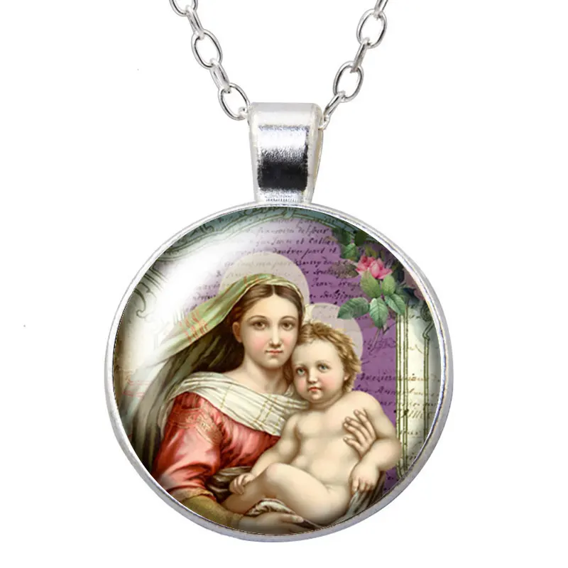 Vintage Madonna angel Round Glass Cabochon Photo Pendant Necklace Women Jewelry Party Birthday Gift 50cm ZB0976 | Украшения и