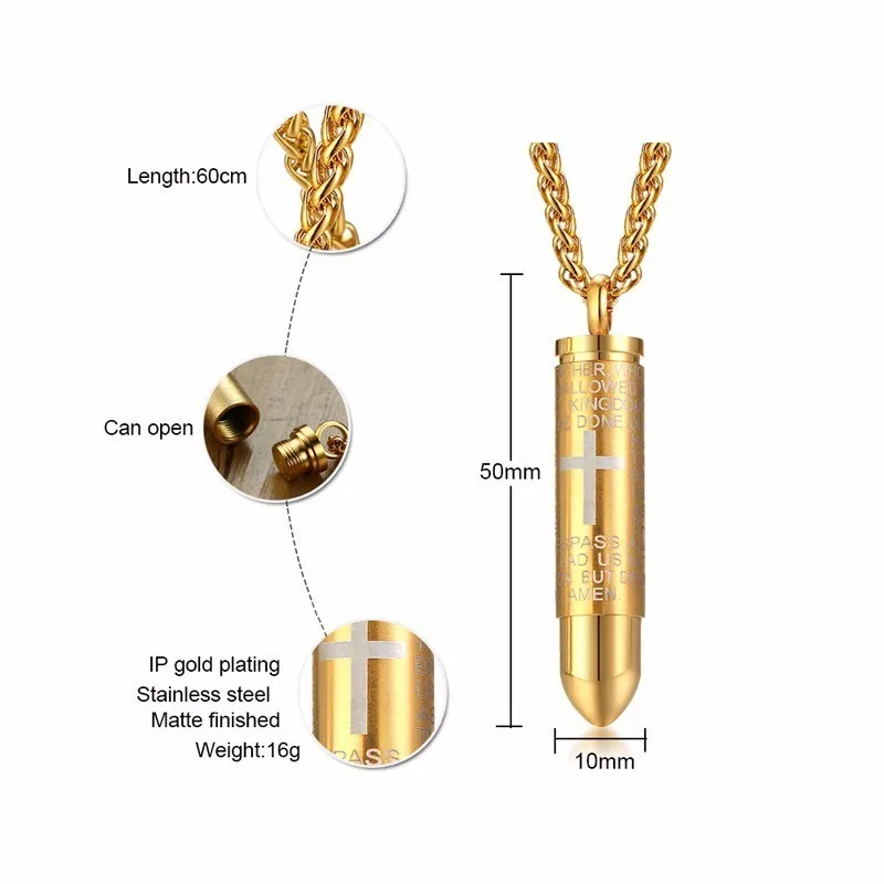 Мужское ожерелье из нержавеющей стали с пулей и черным пистолетом 24