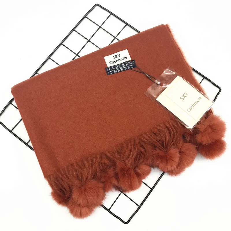 caramel colour Женский однотонный кашемировый шарф с меховым помпоном, зимний шарф высокого качества, женский шарф из пашмины, шаль, шарф, новинка - Цвет: caramel colour