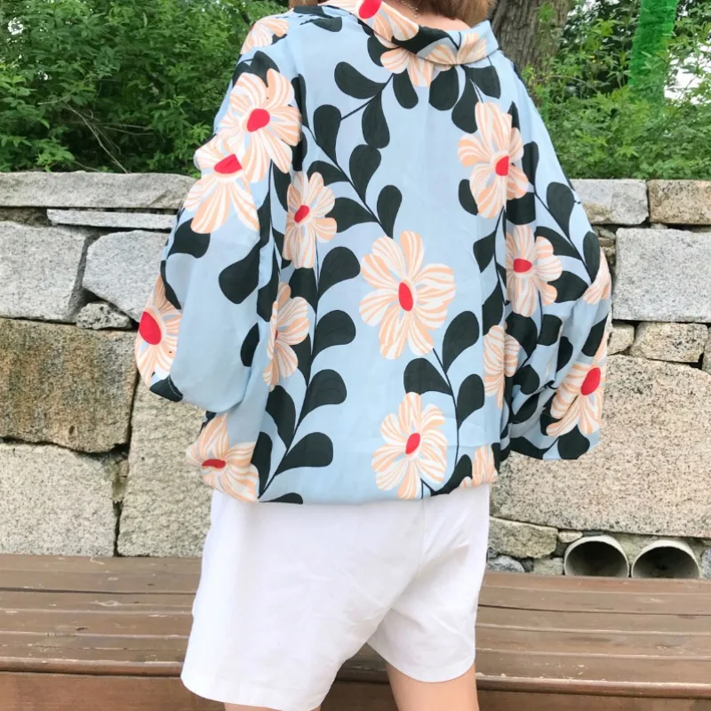 Women V-neck Flower Printed Loose Blouses Elegant Ladies Batwing Long Sleeve Fashion Casual Vacation Shirt Clothing |