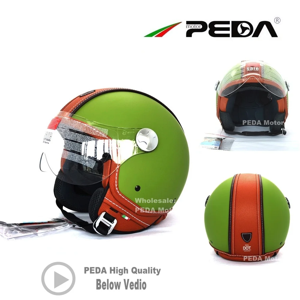 PEDA итальянский ECE DOT мотоциклетный шлем Винтажный Унисекс с открытым лицом 3/4 Cascos Jet helm кожаный электрический скутер cascque ретро - Цвет: Green