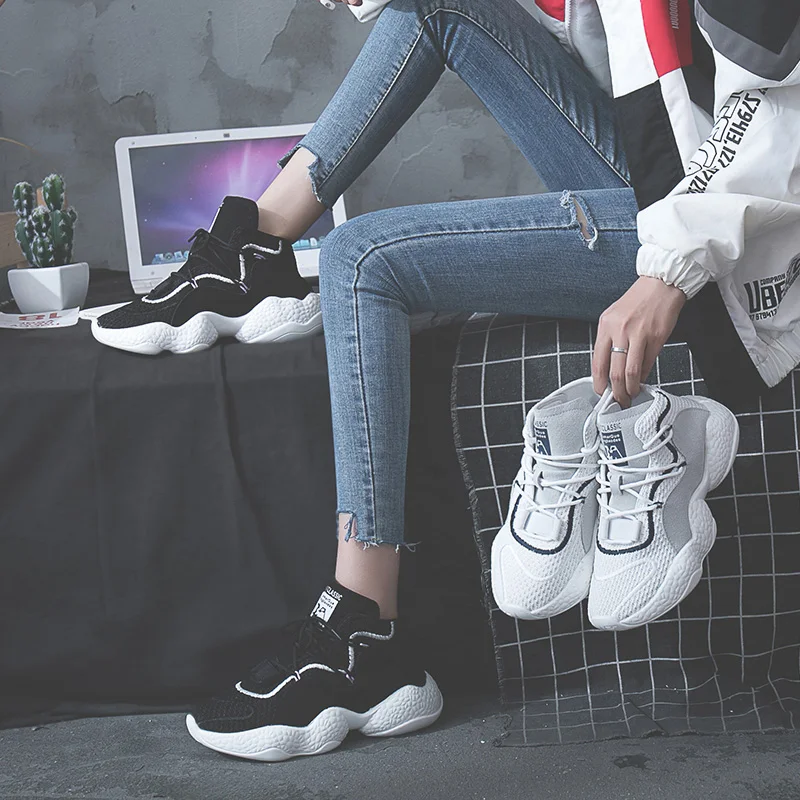 Женские кроссовки на массивной платформе Ulzzang черные сетчатые с высоким берцем