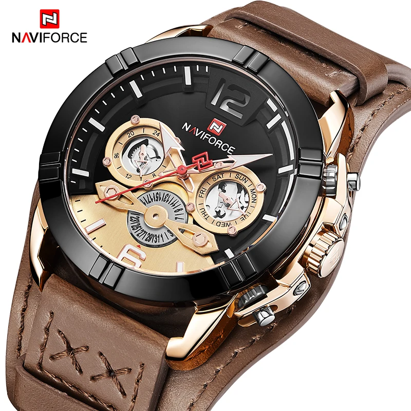 Часы NAVIFORCE мужские спортивные модные Роскошные кожаные водонепроницаемые